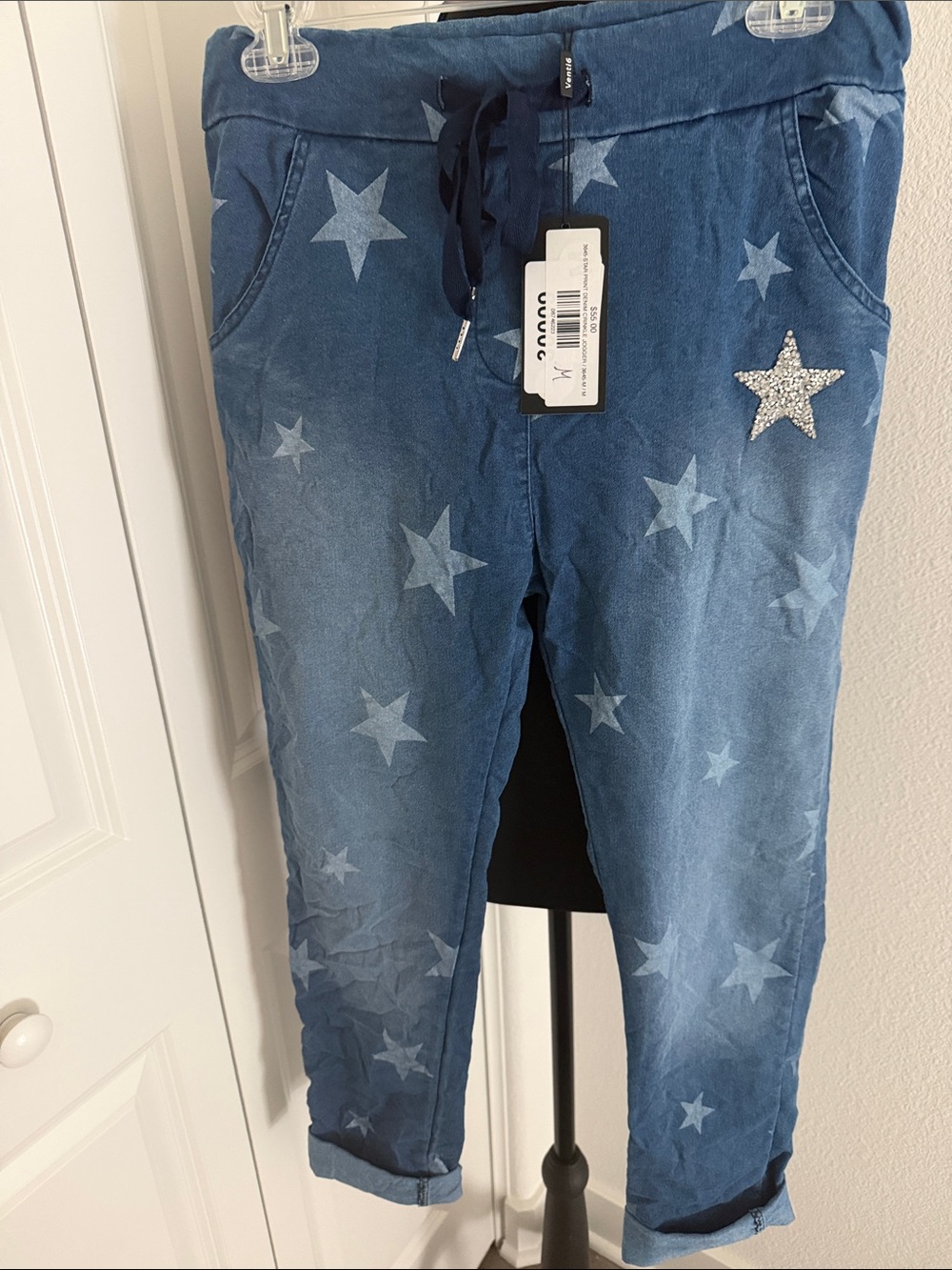 NWT Venti6 Blue Star-Print crinkle Jogger with Star.